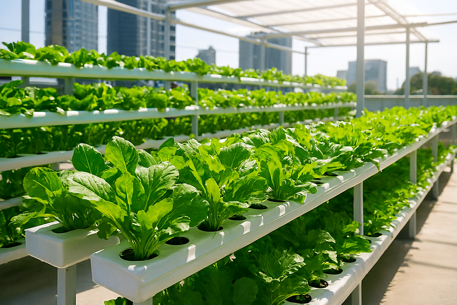 Organic hydroponic plants thriving in eco-friendly soil-free farming setup