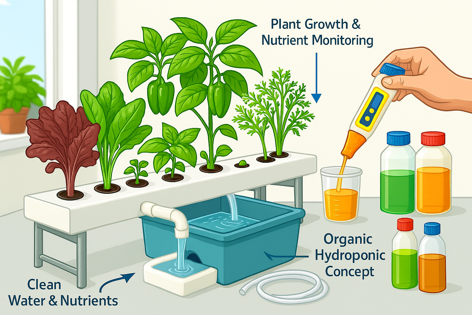Challenges of organic hydroponics and chemical-free hydroponic farming illustrated with equipment
