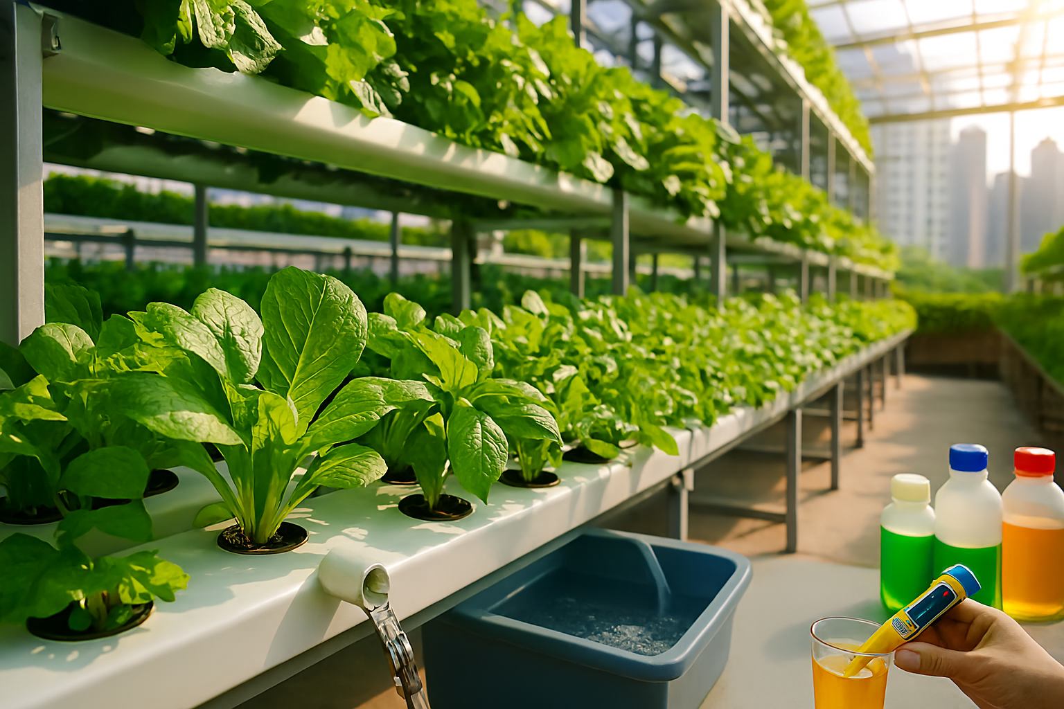 Organic hydroponics setup with chemical-free nutrient solution in urban soil-free farm, illustrating sustainable agriculture and healthy vegetables.