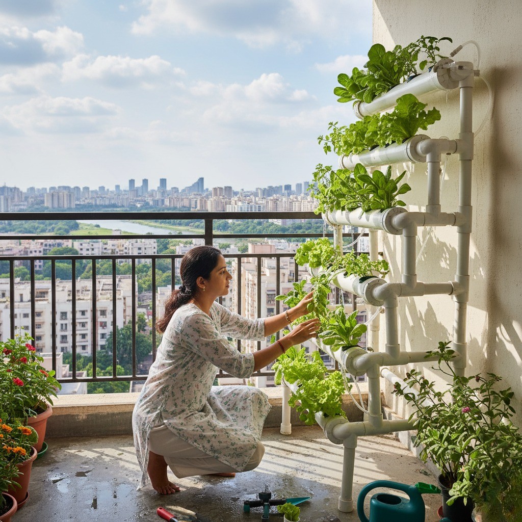 Profitable hydroponic crops in India including lettuce, spinach, basil, tomatoes, cucumbers, strawberries, and microgreens in a modern soil-free urban farm setup